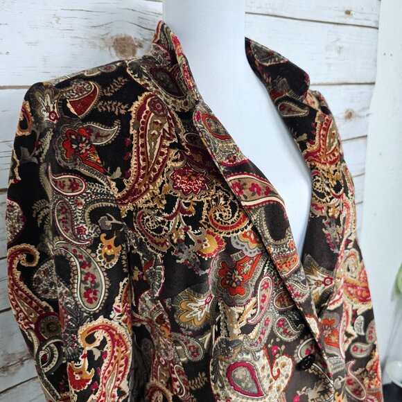 Talbots Velvet Blazer Womens 8P Black Red Paisley Silk Blend Lined Party Jacket - Picture 2 of 12